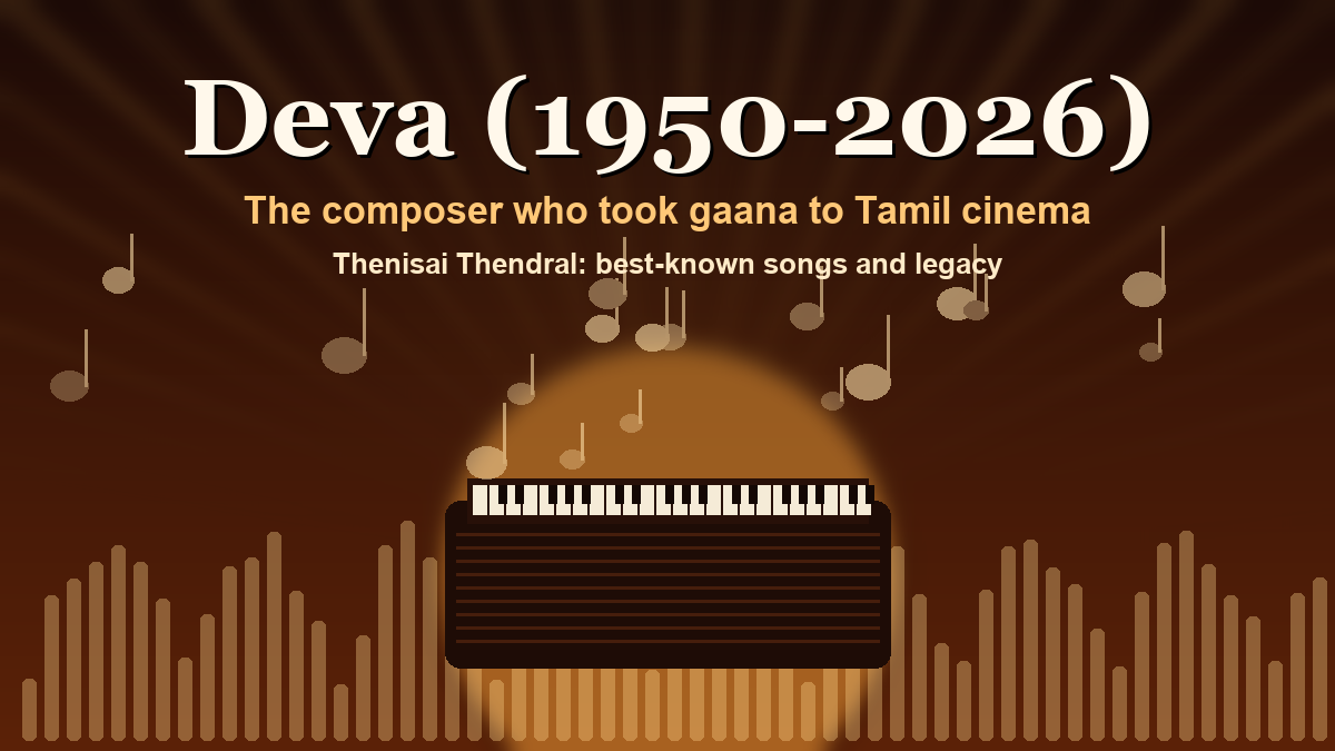 A harmonium silhouetted against a warm sunburst with sound-wave bars, under the title Deva (1950-2026): the composer who took gaana to Tamil cinema